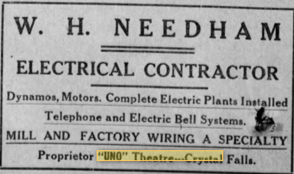 Uno Theatre - Aug 1914 Operator Had Electrician Business